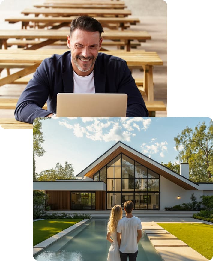 Man with laptop, couple viewing home